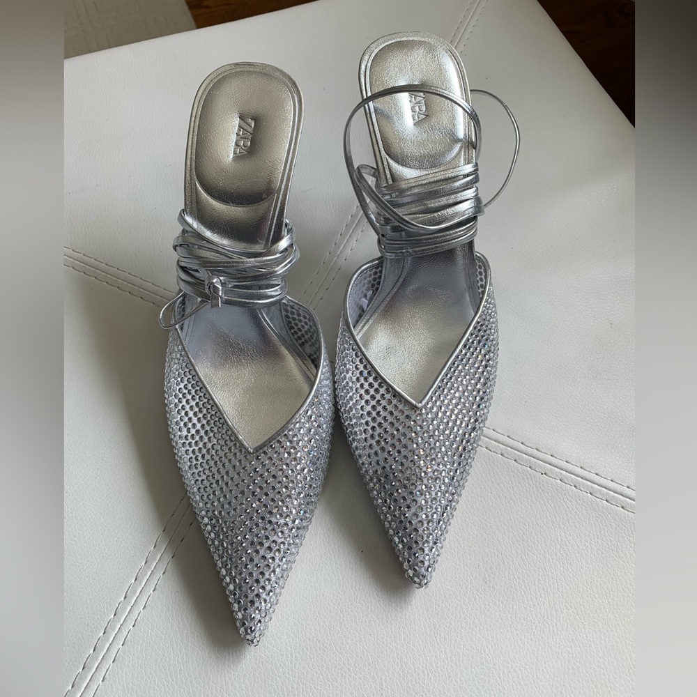Never worn! Zara silver bedazzled lace up heels size 37